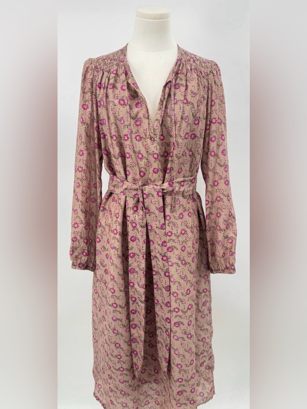 Xirena Laia Mocha Brown Pink Floral Dress Block Print Midi Cotton Silk Boho L